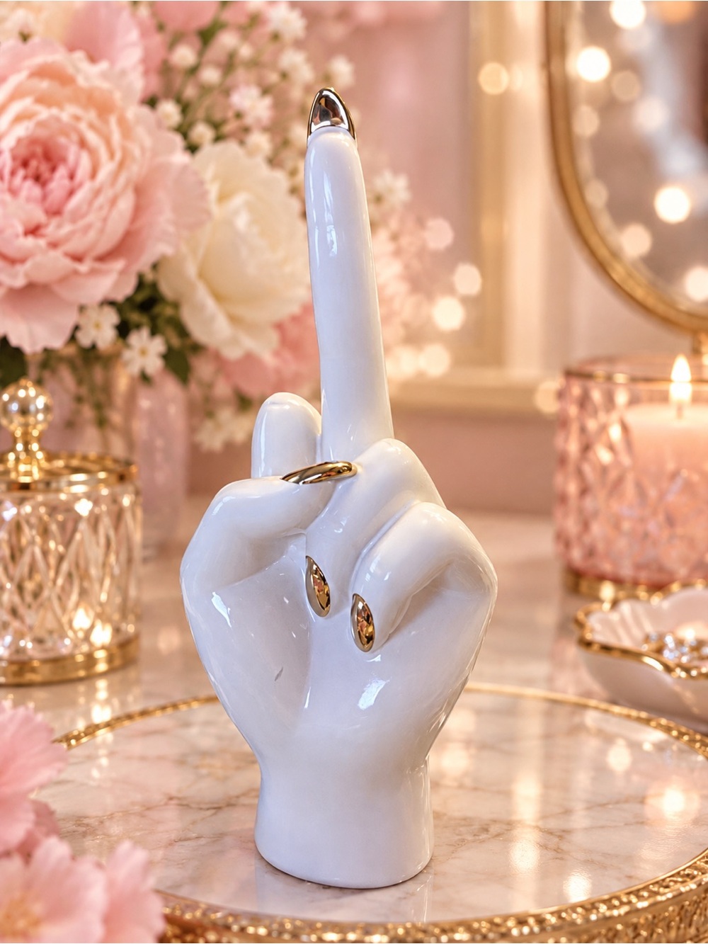 Ceramic Hand Ring Holder — White with Gold Accent